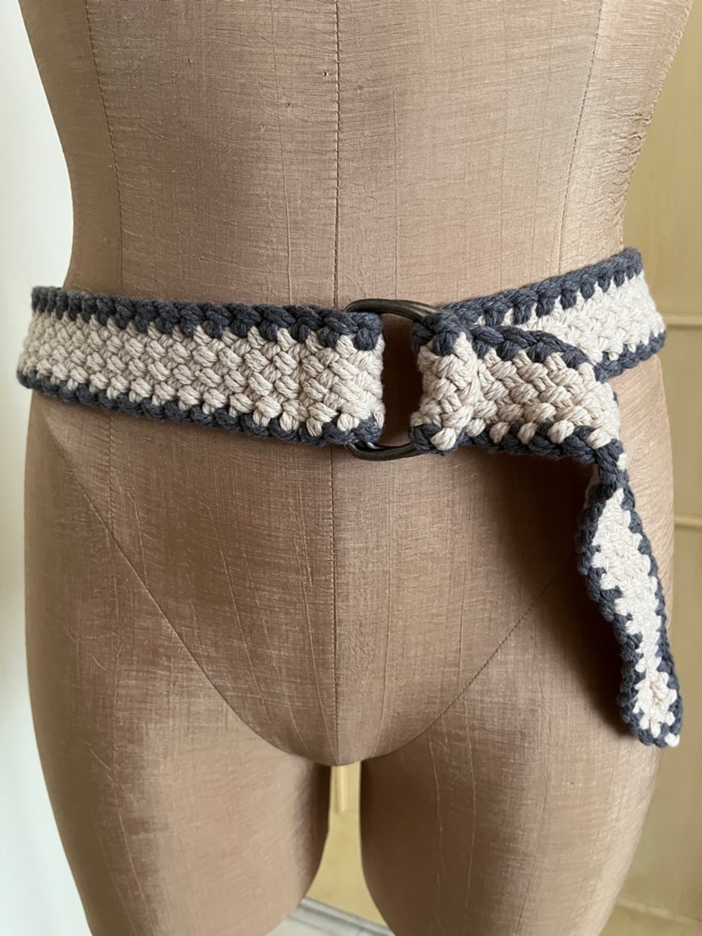 Boho Granola Girl Hippie Crochet Double D Buckle Cream and Charcoal Belt 40"
